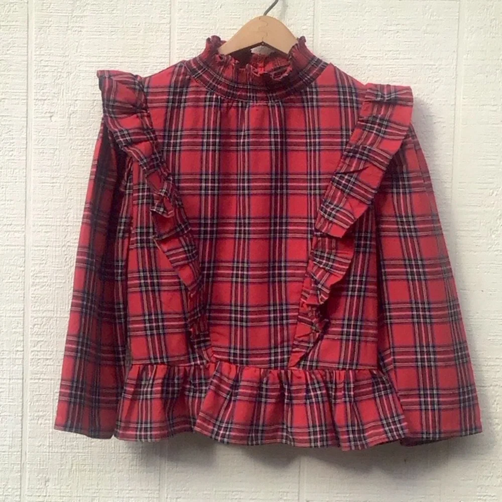 English Factory tartan ruffle blouse